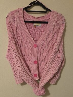 Pilcro Pink Cable-Knit Button Cardigan
